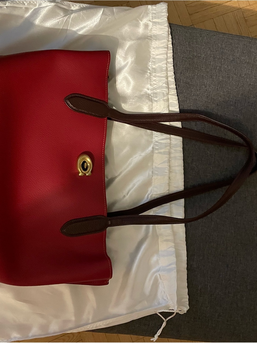 Coach Red Leather Tote with Brown Handles and Gold-Tone Turnlock